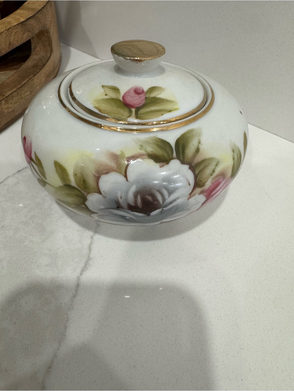 Hand-Painted Floral Porcelain Trinket Jar with Gold Trim
